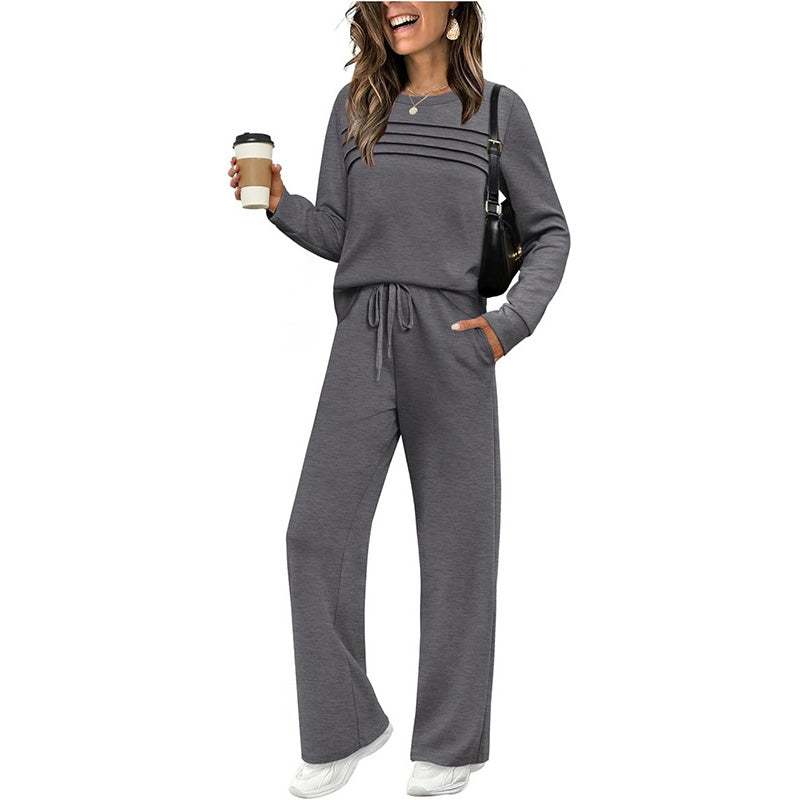 🔥Letzter Tag 60% Rabatt✨Loungeset für Damen: Top mit Rundhalsausschnitt & Hose mit Kordelzug