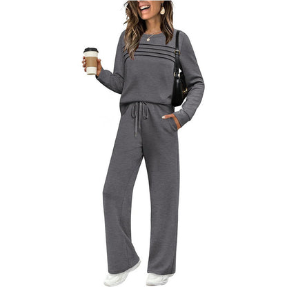 🔥Letzter Tag 60% Rabatt✨Loungeset für Damen: Top mit Rundhalsausschnitt & Hose mit Kordelzug
