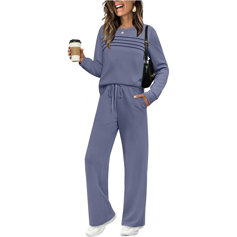 🔥Letzter Tag 60% Rabatt✨Loungeset für Damen: Top mit Rundhalsausschnitt & Hose mit Kordelzug