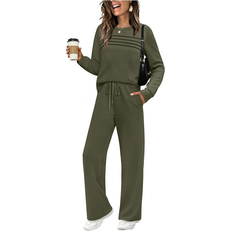 🔥Letzter Tag 60% Rabatt✨Loungeset für Damen: Top mit Rundhalsausschnitt & Hose mit Kordelzug💖