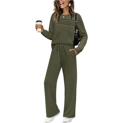 🔥Letzter Tag 60% Rabatt✨Loungeset für Damen: Top mit Rundhalsausschnitt & Hose mit Kordelzug