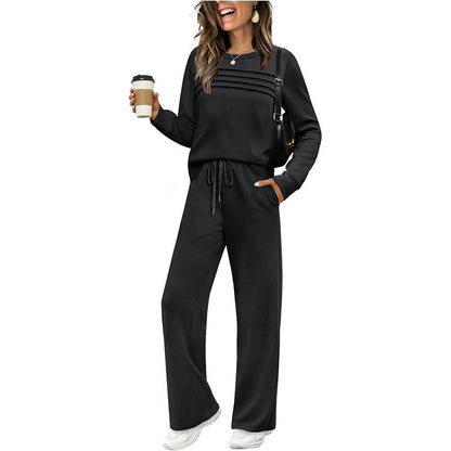 🔥Letzter Tag 60% Rabatt✨Loungeset für Damen: Top mit Rundhalsausschnitt & Hose mit Kordelzug