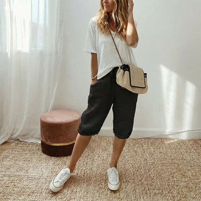 🔥Kostenloser Versand & 50 % Rabatt🔥 Lässige Caprihosen aus Baumwoll-Leinen – Verstellbarer Bund & tiefe Taschen!