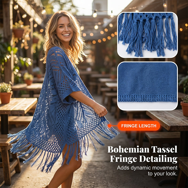 ⏰️Letzter Tag für kostenlosen Versand⌛️😍  Damen Oversize-Häkelcardigan mit Fransen – Leichter Boho-Kimono für Frühling & Sommer 🌸