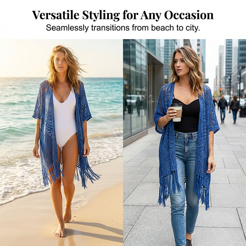 ⏰️Letzter Tag für kostenlosen Versand⌛️😍  Damen Oversize-Häkelcardigan mit Fransen – Leichter Boho-Kimono für Frühling & Sommer 🌸