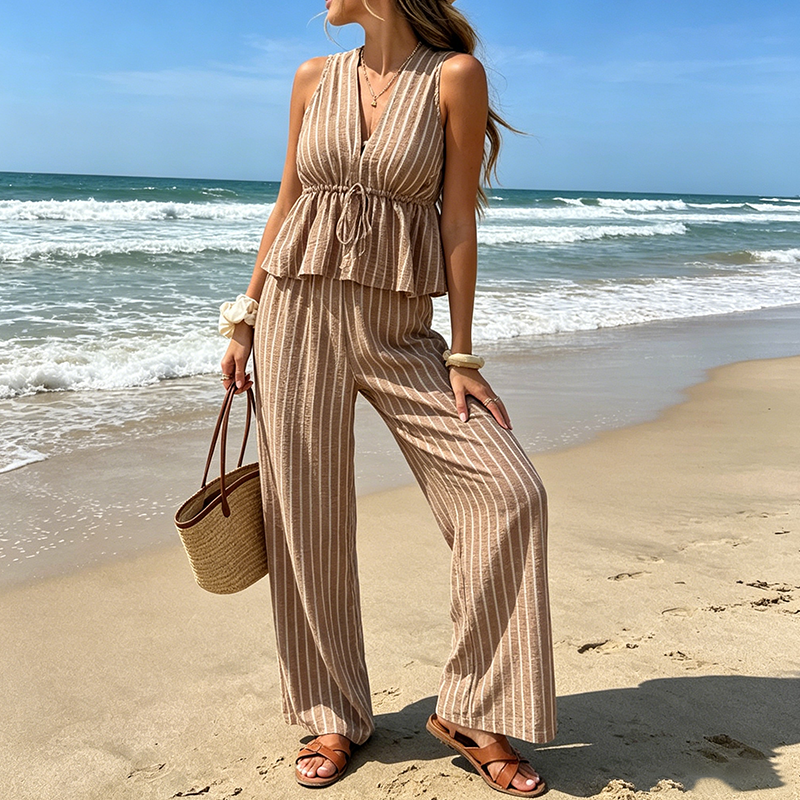 👕 NUR FÜR KURZE ZEIT: 50 % RABATT! ✨Set aus gestreiftem Damen-Top mit V-Ausschnitt und weit geschnittener Hose