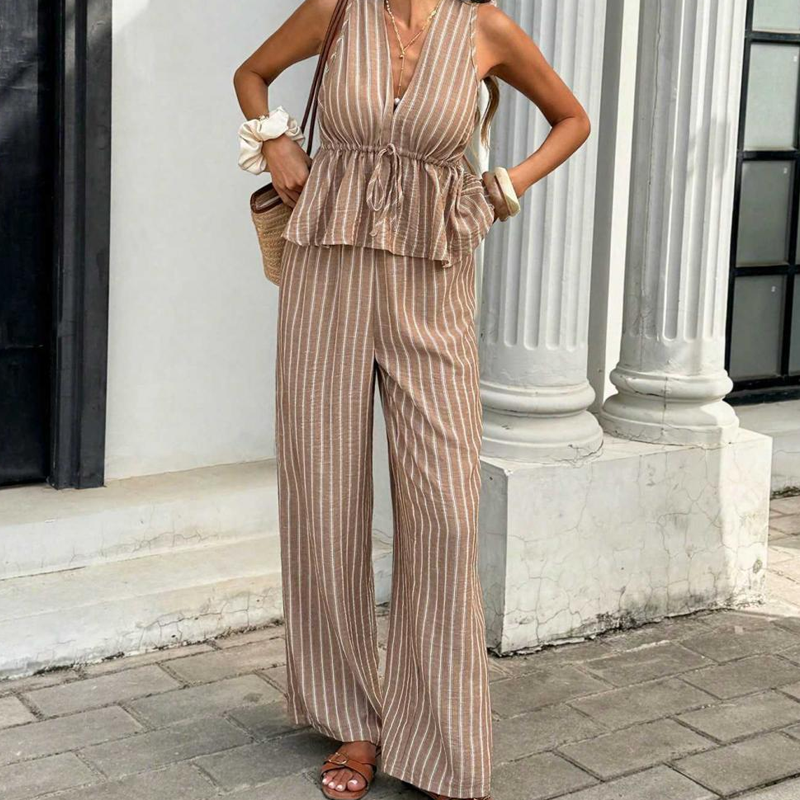 👕 NUR FÜR KURZE ZEIT: 50 % RABATT! ✨Set aus gestreiftem Damen-Top mit V-Ausschnitt und weit geschnittener Hose