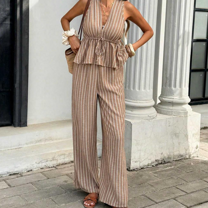 👕 NUR FÜR KURZE ZEIT: 50 % RABATT! ✨Set aus gestreiftem Damen-Top mit V-Ausschnitt und weit geschnittener Hose