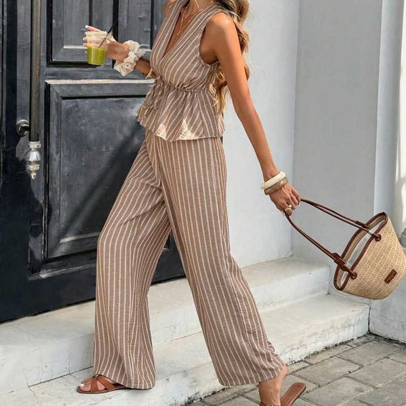 👕 NUR FÜR KURZE ZEIT: 50 % RABATT! ✨Set aus gestreiftem Damen-Top mit V-Ausschnitt und weit geschnittener Hose