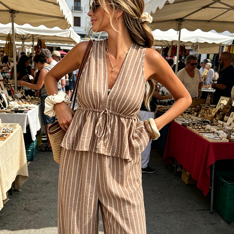 👕 NUR FÜR KURZE ZEIT: 50 % RABATT! ✨Set aus gestreiftem Damen-Top mit V-Ausschnitt und weit geschnittener Hose
