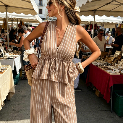 👕 NUR FÜR KURZE ZEIT: 50 % RABATT! ✨Set aus gestreiftem Damen-Top mit V-Ausschnitt und weit geschnittener Hose