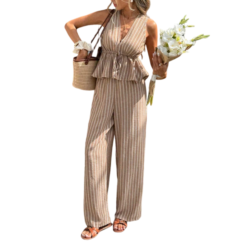 👕 NUR FÜR KURZE ZEIT: 50 % RABATT! ✨Set aus gestreiftem Damen-Top mit V-Ausschnitt und weit geschnittener Hose