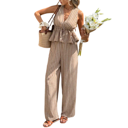 👕 NUR FÜR KURZE ZEIT: 50 % RABATT! ✨Set aus gestreiftem Damen-Top mit V-Ausschnitt und weit geschnittener Hose