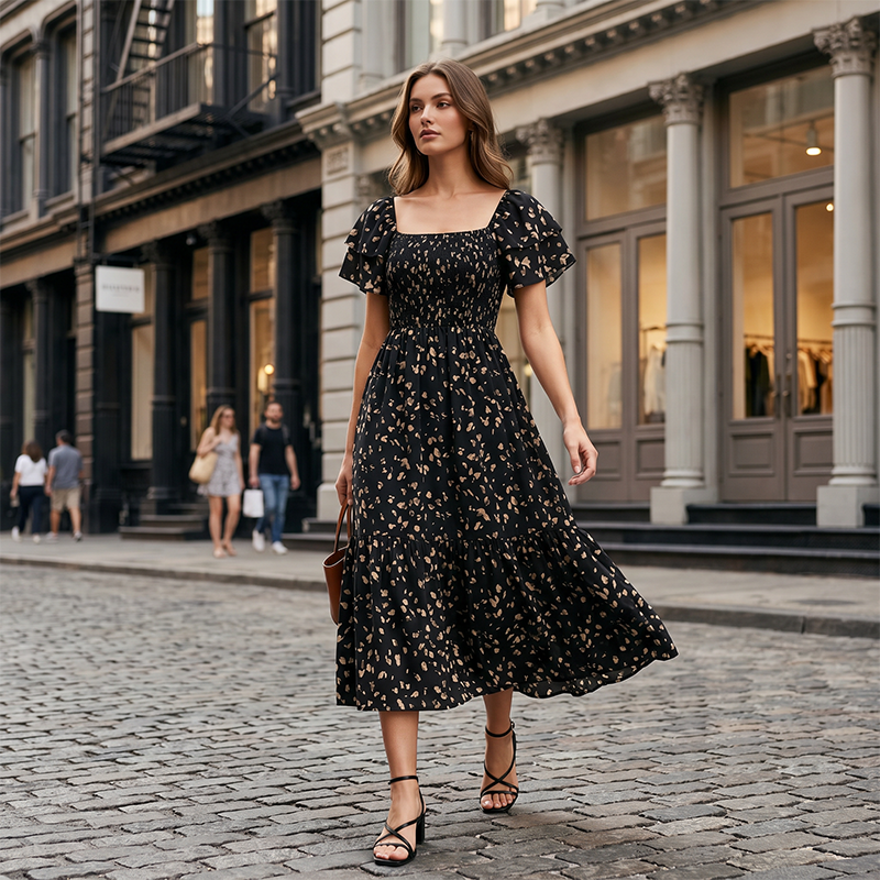 🌈Sommer 2026 Hot Verkauf 50% Rabatt!✨Quadratisches Hals Floral Midi Kleid - Räuchertes Bodice, fließender Schichtroch, Romantisch 🌸