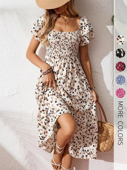 🌈Sommer 2026 Hot Verkauf 50% Rabatt!✨Quadratisches Hals Floral Midi Kleid - Räuchertes Bodice, fließender Schichtroch, Romantisch 🌸