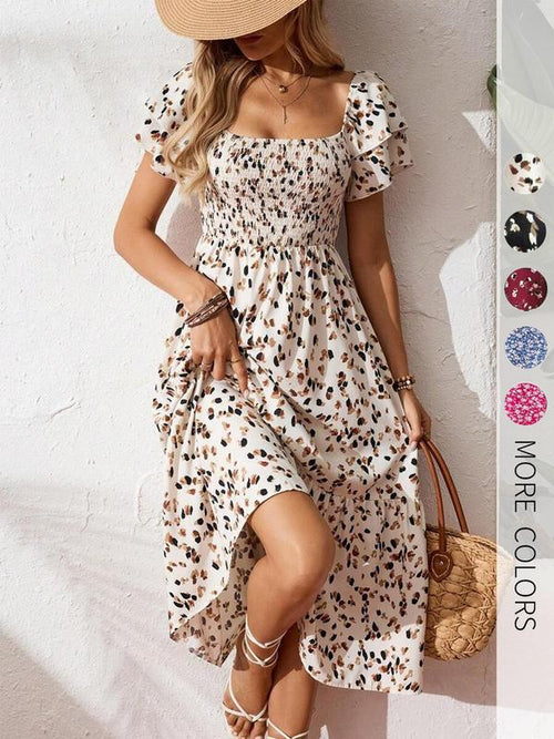 🌈Sommer 2026 Hot Verkauf 50% Rabatt!✨Quadratisches Hals Floral Midi Kleid - Räuchertes Bodice, fließender Schichtroch, Romantisch 🌸