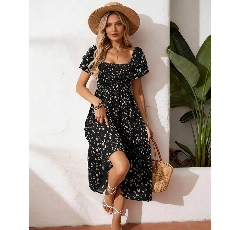 🌈Sommer 2026 Hot Verkauf 50% Rabatt!✨Quadratisches Hals Floral Midi Kleid - Räuchertes Bodice, fließender Schichtroch, Romantisch 🌸