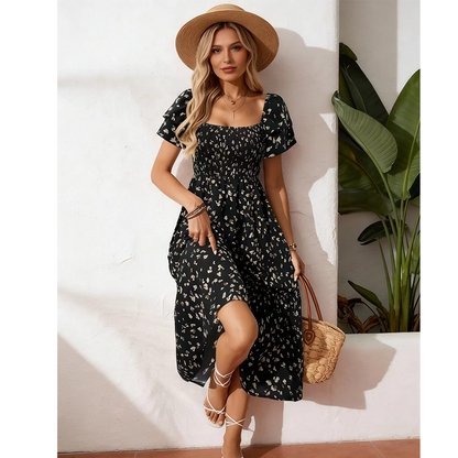 🌈Sommer 2026 Hot Verkauf 50% Rabatt!✨Quadratisches Hals Floral Midi Kleid - Räuchertes Bodice, fließender Schichtroch, Romantisch 🌸