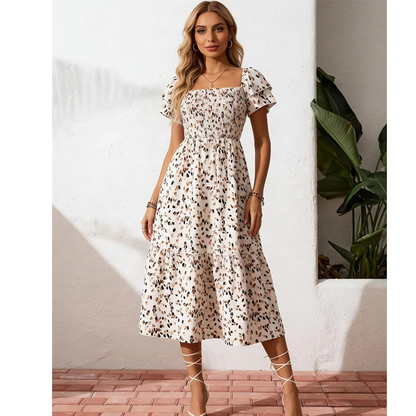 🌈Sommer 2026 Hot Verkauf 50% Rabatt!✨Quadratisches Hals Floral Midi Kleid - Räuchertes Bodice, fließender Schichtroch, Romantisch 🌸