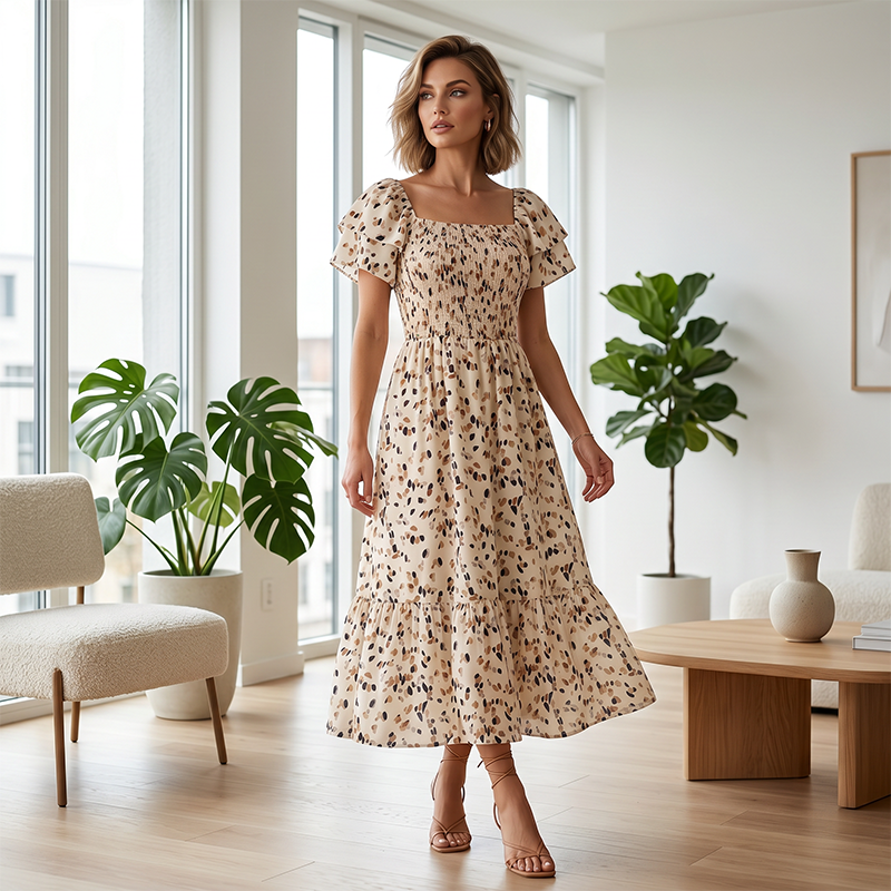 🌈Sommer 2026 Hot Verkauf 50% Rabatt!✨Quadratisches Hals Floral Midi Kleid - Räuchertes Bodice, fließender Schichtroch, Romantisch 🌸
