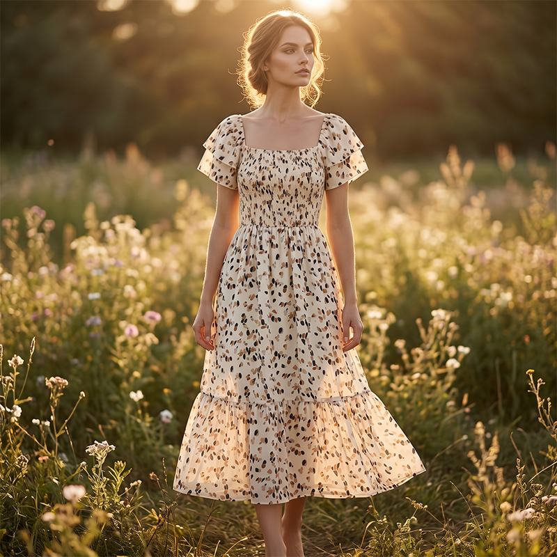 🌈Sommer 2026 Hot Verkauf 50% Rabatt!✨Quadratisches Hals Floral Midi Kleid - Räuchertes Bodice, fließender Schichtroch, Romantisch 🌸