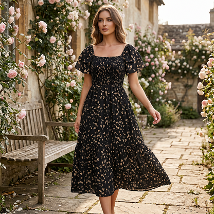 🌈Sommer 2026 Hot Verkauf 50% Rabatt!✨Quadratisches Hals Floral Midi Kleid - Räuchertes Bodice, fließender Schichtroch, Romantisch 🌸