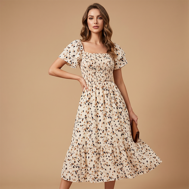 🌈Sommer 2026 Hot Verkauf 50% Rabatt!✨Quadratisches Hals Floral Midi Kleid - Räuchertes Bodice, fließender Schichtroch, Romantisch 🌸