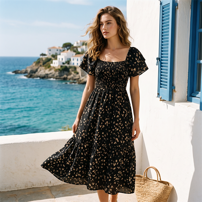 🌈Sommer 2026 Hot Verkauf 50% Rabatt!✨Quadratisches Hals Floral Midi Kleid - Räuchertes Bodice, fließender Schichtroch, Romantisch 🌸