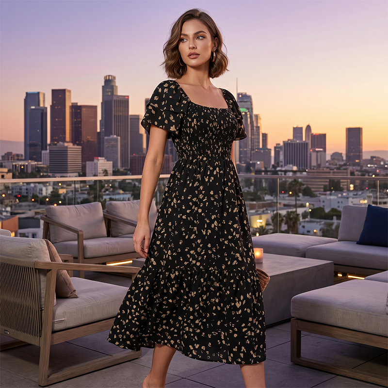 🌈Sommer 2026 Hot Verkauf 50% Rabatt!✨Quadratisches Hals Floral Midi Kleid - Räuchertes Bodice, fließender Schichtroch, Romantisch 🌸
