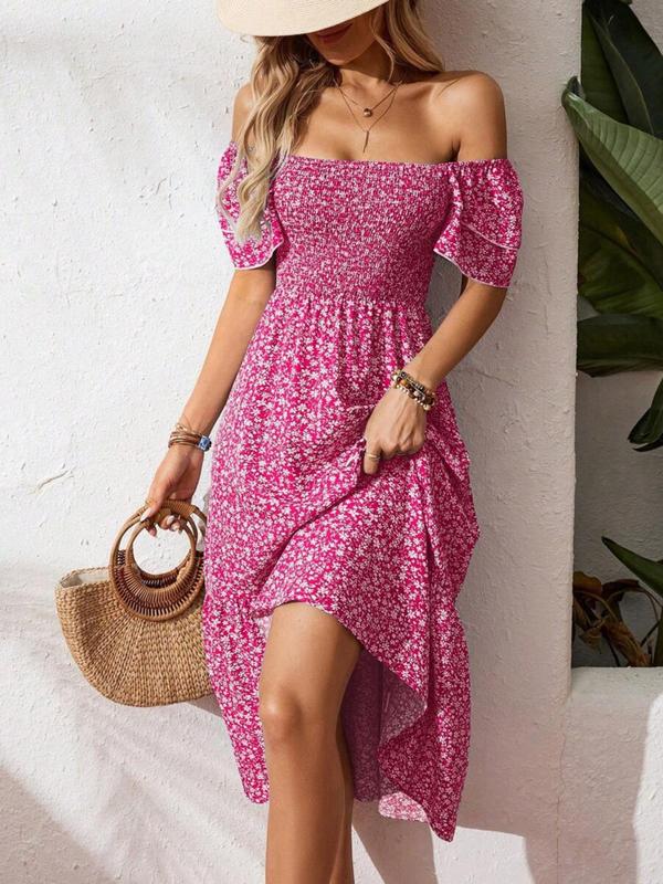 🌈Sommer 2026 Hot Verkauf 50% Rabatt!✨Quadratisches Hals Floral Midi Kleid - Räuchertes Bodice, fließender Schichtroch, Romantisch 🌸