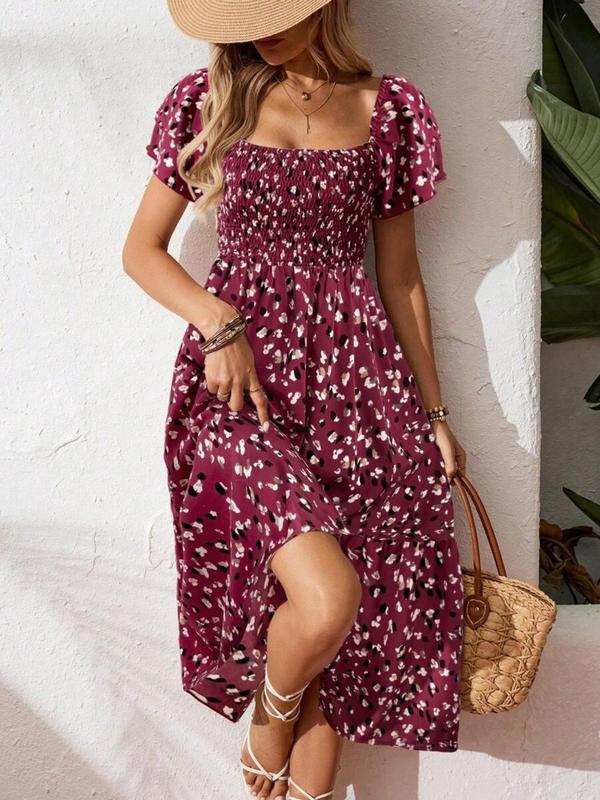🌈Sommer 2026 Hot Verkauf 50% Rabatt!✨Quadratisches Hals Floral Midi Kleid - Räuchertes Bodice, fließender Schichtroch, Romantisch 🌸