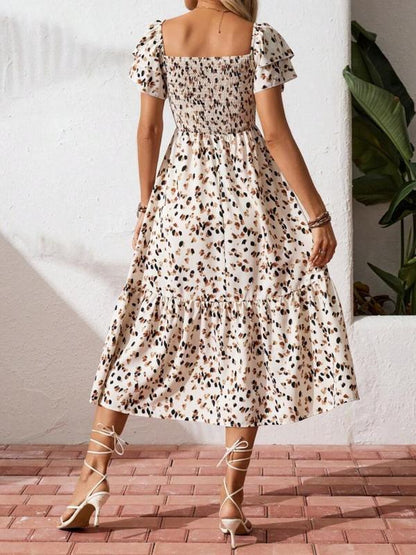🌈Sommer 2026 Hot Verkauf 50% Rabatt!✨Quadratisches Hals Floral Midi Kleid - Räuchertes Bodice, fließender Schichtroch, Romantisch 🌸