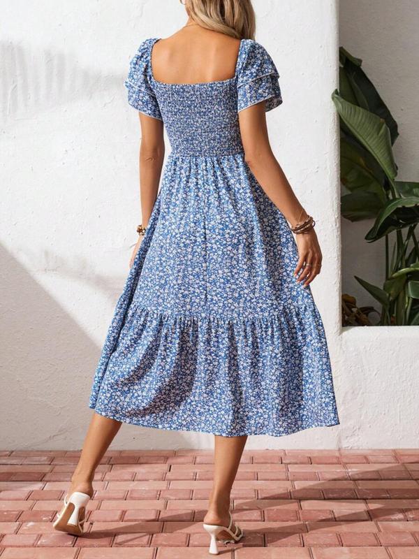 🌈Sommer 2026 Hot Verkauf 50% Rabatt!✨Quadratisches Hals Floral Midi Kleid - Räuchertes Bodice, fließender Schichtroch, Romantisch 🌸