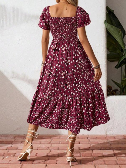 🌈Sommer 2026 Hot Verkauf 50% Rabatt!✨Quadratisches Hals Floral Midi Kleid - Räuchertes Bodice, fließender Schichtroch, Romantisch 🌸