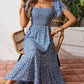 🌈Sommer 2026 Hot Verkauf 50% Rabatt!✨Quadratisches Hals Floral Midi Kleid - Räuchertes Bodice, fließender Schichtroch, Romantisch 🌸