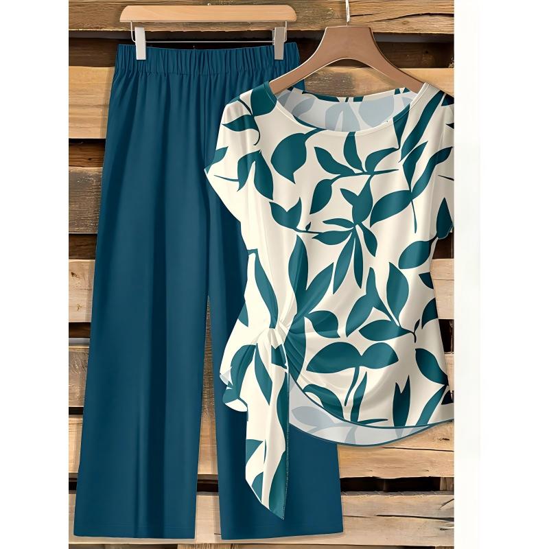 🌿 50 % RABATT SOLANGE DER VORRAT REICHT! 👖 Damen 2-Teiler Sommer-Set – Marmorprint Top mit Seitenknoten + dunkelgrüne Weitbeinhose, luftig für Urlaub & Alltag