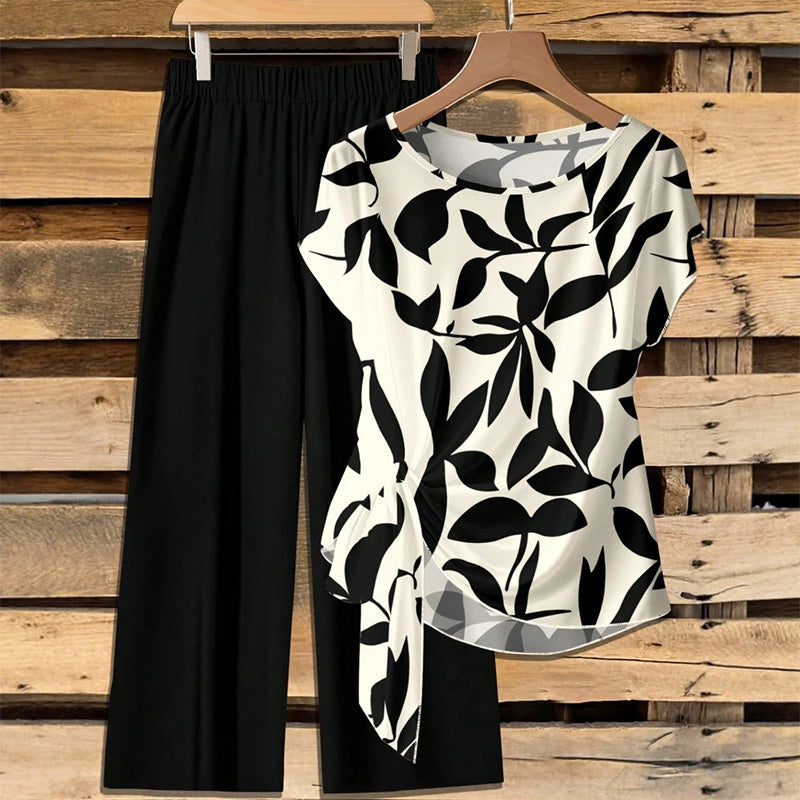 🌿 50 % RABATT SOLANGE DER VORRAT REICHT! 👖 Damen 2-Teiler Sommer-Set – Marmorprint Top mit Seitenknoten + dunkelgrüne Weitbeinhose, luftig für Urlaub & Alltag