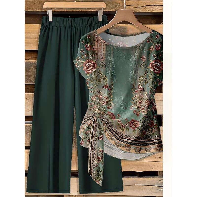 🌿 50 % RABATT SOLANGE DER VORRAT REICHT! 👖 Damen 2-Teiler Sommer-Set – Marmorprint Top mit Seitenknoten + dunkelgrüne Weitbeinhose, luftig für Urlaub & Alltag