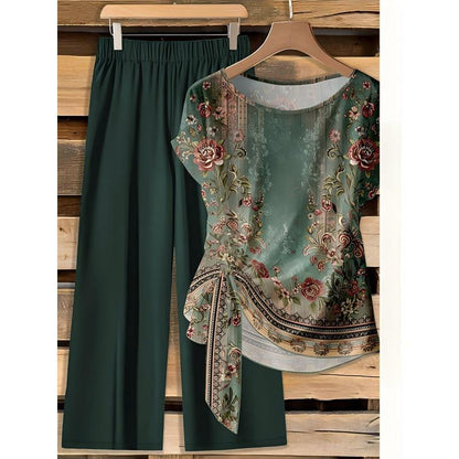 🌿 50 % RABATT SOLANGE DER VORRAT REICHT! 👖 Damen 2-Teiler Sommer-Set – Marmorprint Top mit Seitenknoten + dunkelgrüne Weitbeinhose, luftig für Urlaub & Alltag
