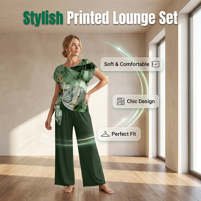 🌿 50 % RABATT SOLANGE DER VORRAT REICHT! 👖 Damen 2-Teiler Sommer-Set – Marmorprint Top mit Seitenknoten + dunkelgrüne Weitbeinhose, luftig für Urlaub & Alltag