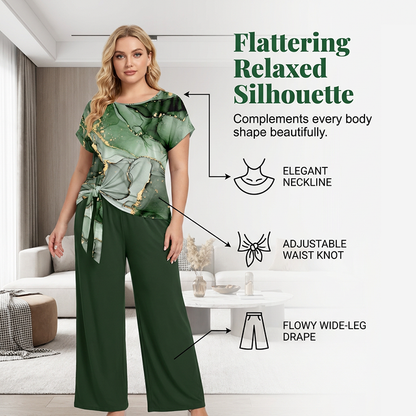 🌿 50 % RABATT SOLANGE DER VORRAT REICHT! 👖 Damen 2-Teiler Sommer-Set – Marmorprint Top mit Seitenknoten + dunkelgrüne Weitbeinhose, luftig für Urlaub & Alltag