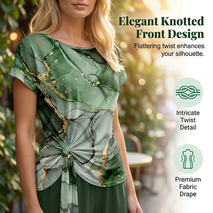 🌿 50 % RABATT SOLANGE DER VORRAT REICHT! 👖 Damen 2-Teiler Sommer-Set – Marmorprint Top mit Seitenknoten + dunkelgrüne Weitbeinhose, luftig für Urlaub & Alltag
