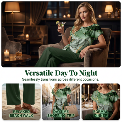 🌿 50 % RABATT SOLANGE DER VORRAT REICHT! 👖 Damen 2-Teiler Sommer-Set – Marmorprint Top mit Seitenknoten + dunkelgrüne Weitbeinhose, luftig für Urlaub & Alltag
