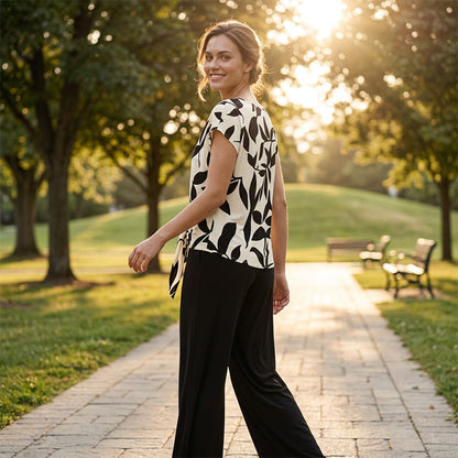 🌿 50 % RABATT SOLANGE DER VORRAT REICHT! 👖 Damen 2-Teiler Sommer-Set – Marmorprint Top mit Seitenknoten + dunkelgrüne Weitbeinhose, luftig für Urlaub & Alltag