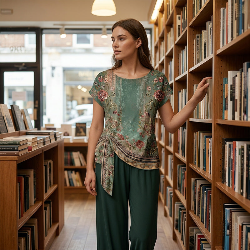 🌿 50 % RABATT SOLANGE DER VORRAT REICHT! 👖 Damen 2-Teiler Sommer-Set – Marmorprint Top mit Seitenknoten + dunkelgrüne Weitbeinhose, luftig für Urlaub & Alltag