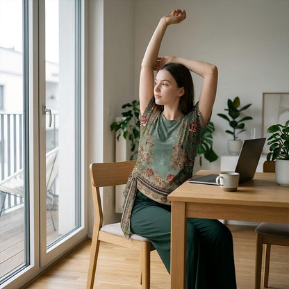 🌿 50 % RABATT SOLANGE DER VORRAT REICHT! 👖 Damen 2-Teiler Sommer-Set – Marmorprint Top mit Seitenknoten + dunkelgrüne Weitbeinhose, luftig für Urlaub & Alltag