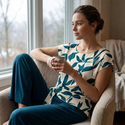 🌿 50 % RABATT SOLANGE DER VORRAT REICHT! 👖 Damen 2-Teiler Sommer-Set – Marmorprint Top mit Seitenknoten + dunkelgrüne Weitbeinhose, luftig für Urlaub & Alltag