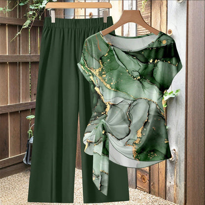 🌿 50 % RABATT SOLANGE DER VORRAT REICHT! 👖 Damen 2-Teiler Sommer-Set – Marmorprint Top mit Seitenknoten + dunkelgrüne Weitbeinhose, luftig für Urlaub & Alltag