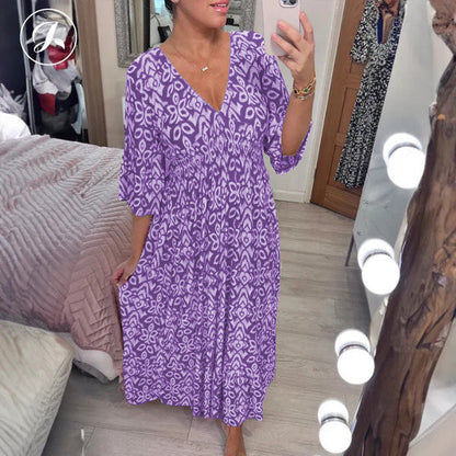 💖LAST DAY SALE 50% OFF💖Bohemian casual print V-neck waist wrap long dress
